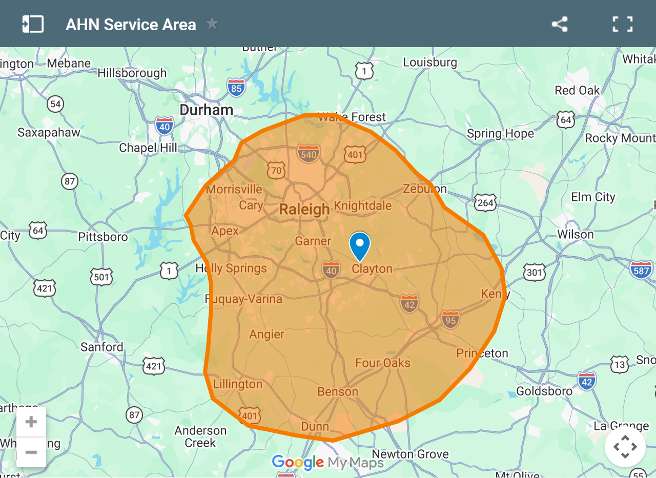 Map of the At Home Nutrition service area, centered on Clayton, NC and extending across the greater Raleigh region